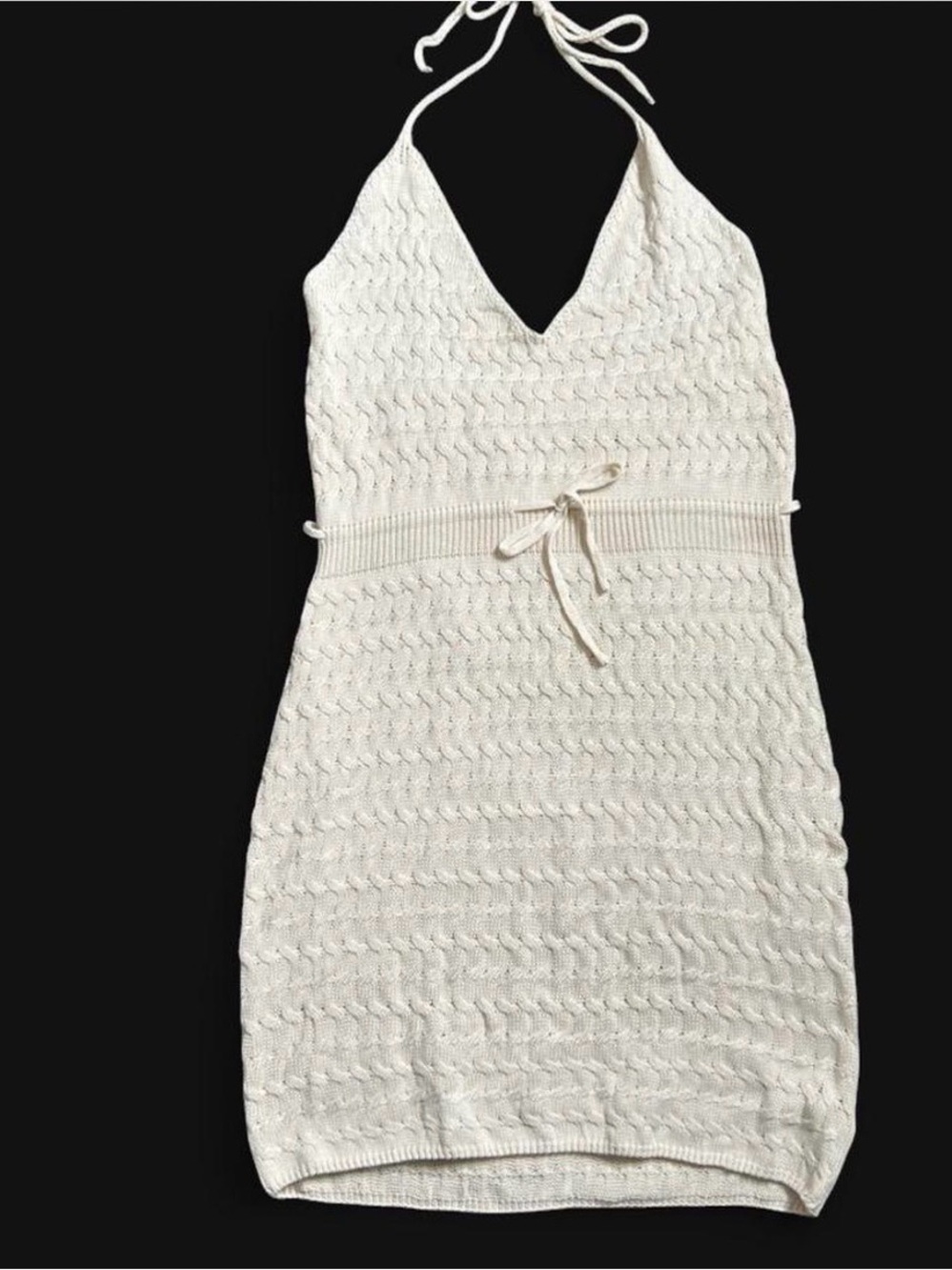 Cream Crochet Halter Tie-Waist Knit Dress